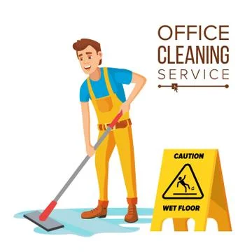 Professional Office Cleaner Vector. Janitor With Cleaning Equipment. Flat Ilustración de archivo