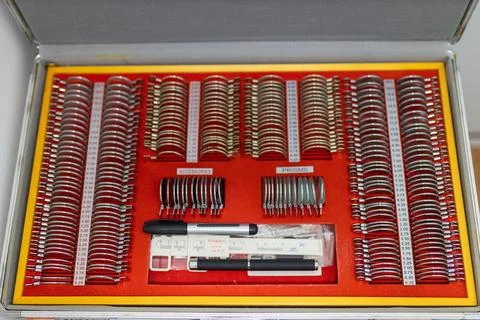 Professional optometry trial lens set for vision testing and eye examination Stock Photos