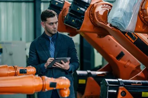 Professional overseeing robotic operations in modern manufacturing facility.. Stock Photos