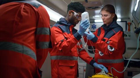 Professional paramedics performing first aid procedure in emergency car Stockfoto's