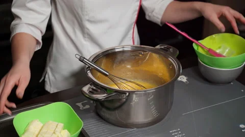 Professional pastry chef teaches online step-by-step recipe for Christmas cake. Stock Footage 166315858