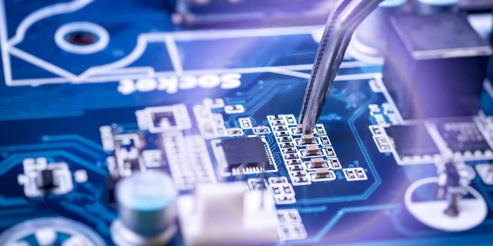 Professional PCB Repair and Microelectronics Assembly with Tweezers Installin 库存照片