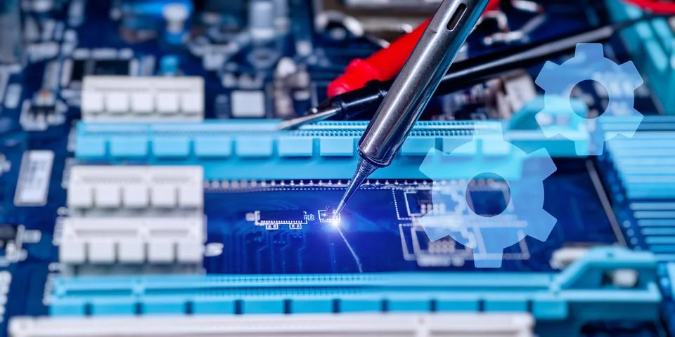 Professional PCB Soldering and Electronics Repair with Virtual Settings Gears Fotos Stock