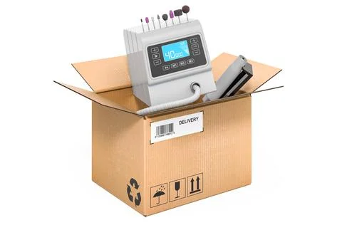 Professional pedicure machine inside cardboard box, delivery concept. 3D rend Stock Illustration