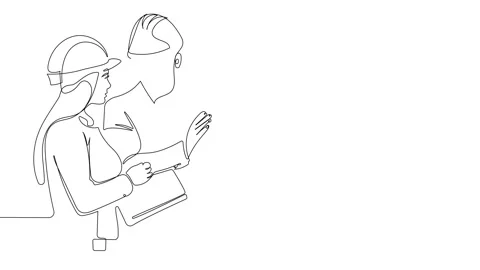 Professional people with helmets working Continuous line self drawing animated Stock Footage 163887021
