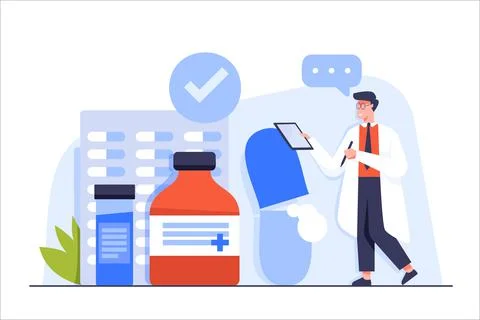 Professional Pharmaceutical Science. Pharmacist checking Medicaments in Pharmacy Stock-Illustration