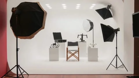 Professional photo studio setup with lighting equipment and props Video stock 336397475