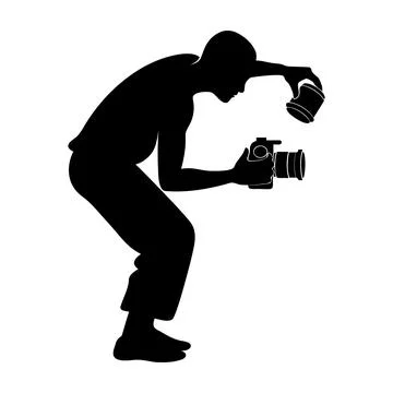 Professional photographer changing camera lens isolated silhouette Stock Illustration