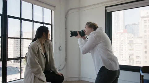 Professional photographer make portrait in studio Stock Footage 197360760