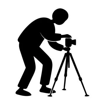 Professional photographer using camera mounted on tripod black silhouette Stock Illustration