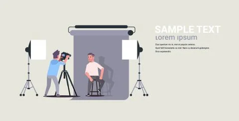 Professional photographer using camera shooting business man model posing in Stock Illustration