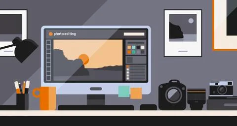 Professional photographer work desktop with computer Stock Illustration