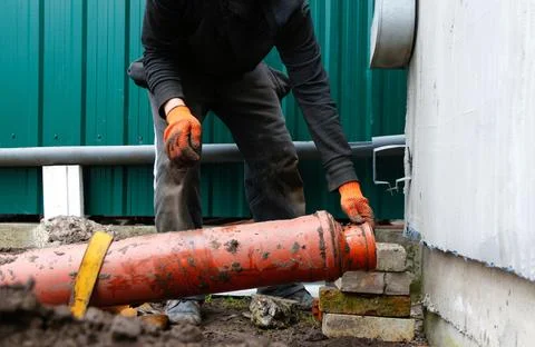 Professional plumber installing a large orange PVC sewage pipe during house.. Stock Photos