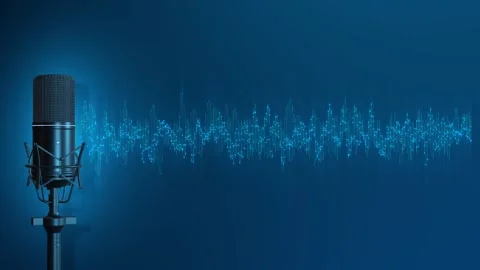 Professional Podcast Microphone with Blue Audio Waveform Stock Footage 342640002
