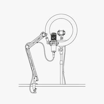 Professional podcast studio microphone with ring light, recording equipment.. Stock Illustration