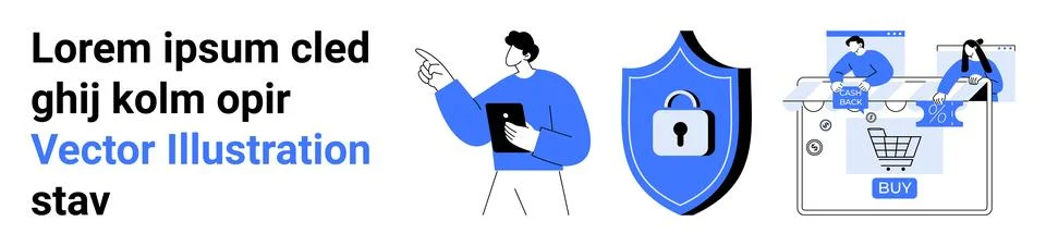Professional points to shield with a lock representing cybersecurity during o Illustrazione stock