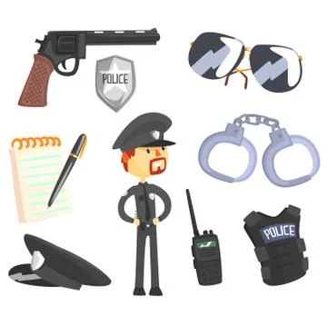 Professional Policeman And His Tools, Man And His Profession Attributes Set Of Stock Illustration