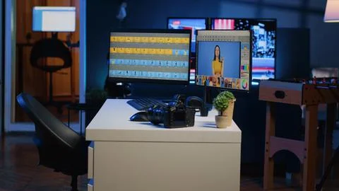 Professional post processing photography studio with editing software interface Stock Photos