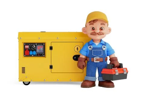 Professional Power Generator Maintenance Concept. Cartoon Technician In Wor.. Stock Illustration