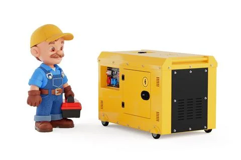 Professional Power Generator Maintenance Concept. Cartoon Technician In Wor.. Stock Illustration