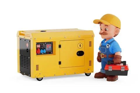 Professional Power Generator Maintenance Concept. Cartoon Technician In Wor.. Stock Illustration