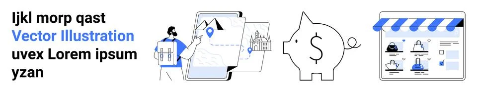 Professional presenting data, map navigation with markers, piggy bank represe Illustrazione stock