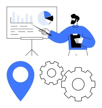 Professional presenting statistical data with charts and icons representing.. Stock Illustration