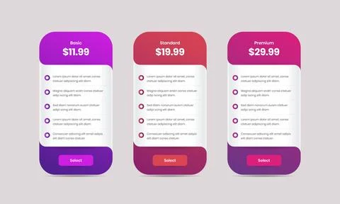 Professional pricing comparison table design with colorful gradient for bus.. Illustrazione stock