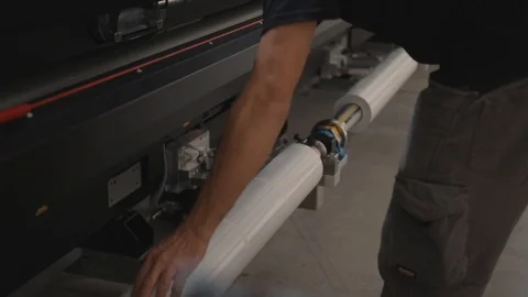 Professional printing facility, big vinyl rolls, ready for large printer Stock Footage 111832210