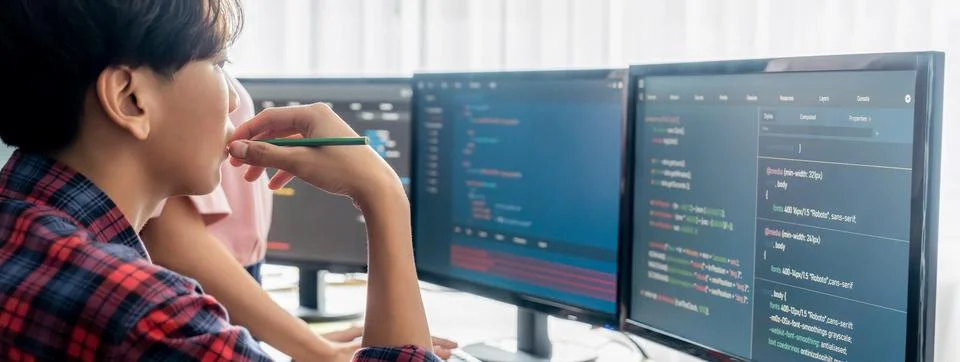 Professional programer team discuss about web coding at office. Burgeoning. Stock Photos