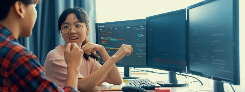 Professional programer team discuss about web coding at office. Burgeoning. 스톡 사진