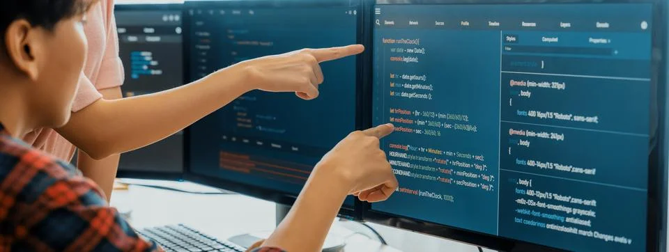 Professional programer team discuss about web coding at office. Burgeoning. Foto stock