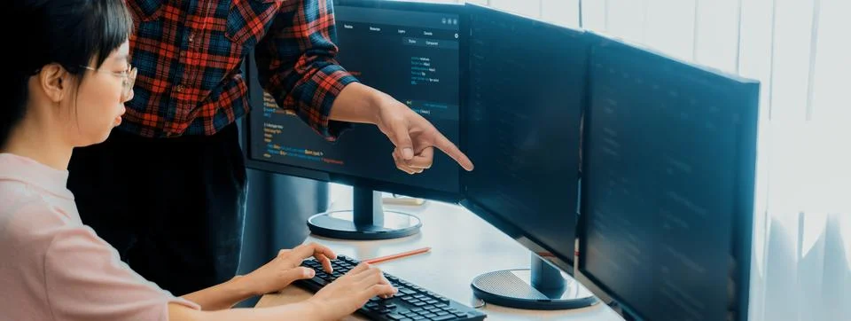 Professional programer team discuss about web coding at office. Burgeoning. Foto stock