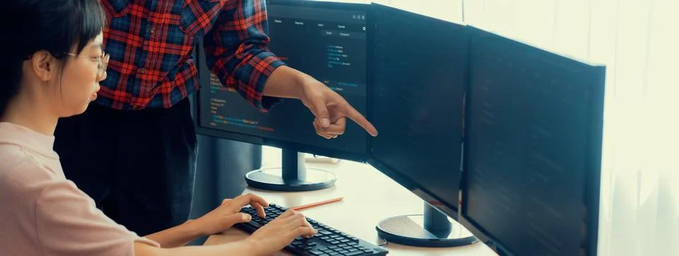 Professional programer team discuss about web coding at office. Burgeoning. Stock Photos