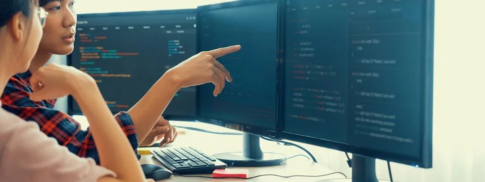 Professional programer team discuss about web coding at office. Burgeoning. 스톡 사진