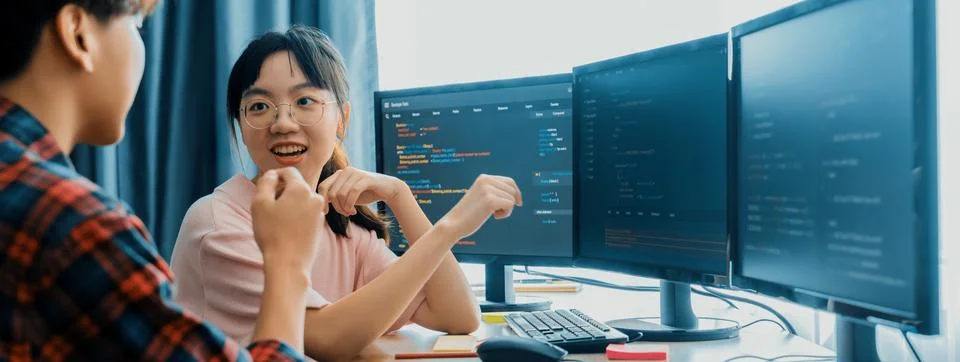 Professional programer team discuss about web coding at office. Burgeoning. Stock Photos