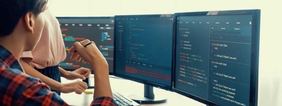 Professional programer team discuss about web coding at office. Burgeoning. Foto stock