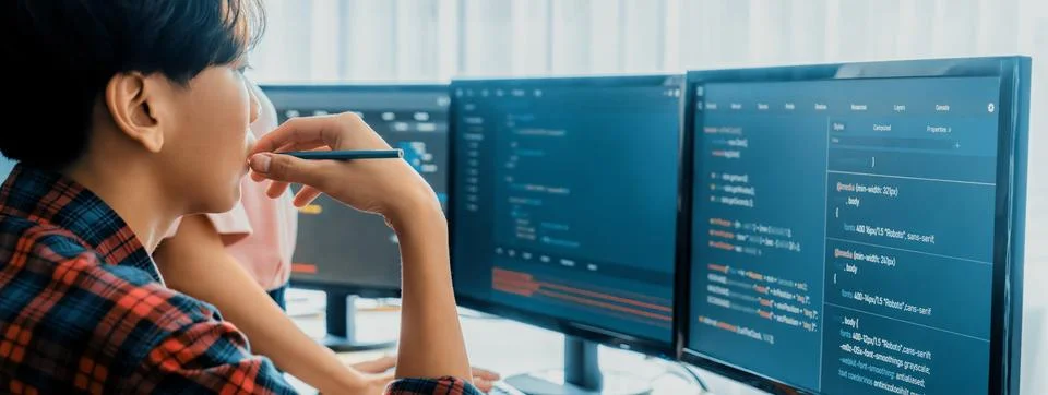 Professional programer team discuss about web coding at office. Burgeoning. Stock Photos
