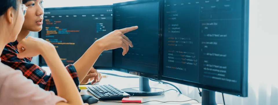 Professional programer team discuss about web coding at office. Burgeoning. Stock Photos