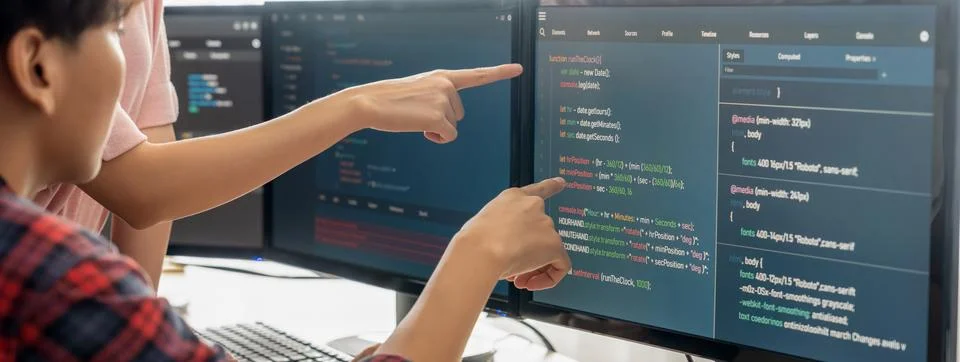 Professional programer team discuss about web coding at office. Burgeoning. Foto stock