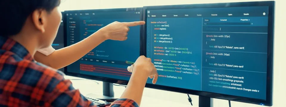 Professional programer team discuss about web coding at office. Burgeoning. 스톡 사진