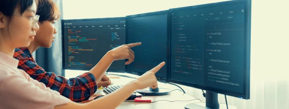 Professional programer team discuss about web coding at office. Burgeoning. Stock Photos