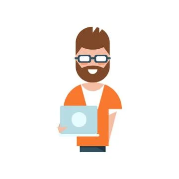 Professional programmer charatcter, smiling man holding laptop computer vector Stock Illustration