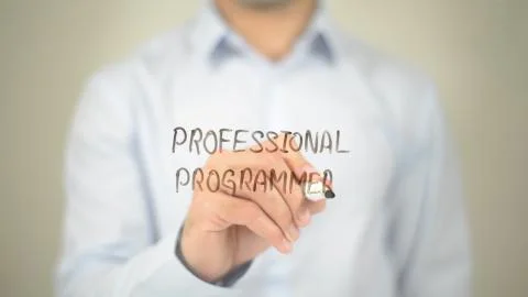 Professional Programmer , Man writing on transparent screen Stock Photos