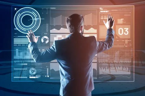 Professional programmer putting two hands up and touching the screen 스톡 사진
