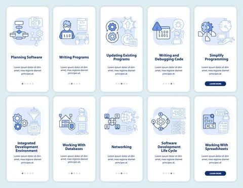 Professional programmer skills light blue onboarding mobile app screen set Stock-Illustration
