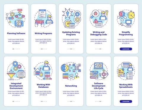Professional programmer skills onboarding mobile app screen set Illustrazione stock