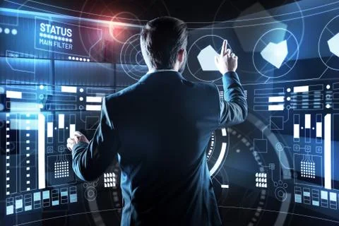 Professional programmer touching the screen while checking the location Stock-Fotos