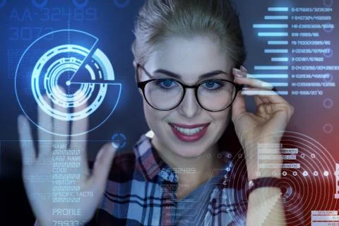Professional programmer touching the transparent screen while unlocking system Stock-Fotos