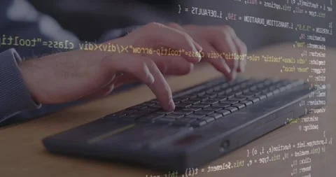 Professional programmer typing hands on keyboard, write code hologram display Stock Footage 259213515
